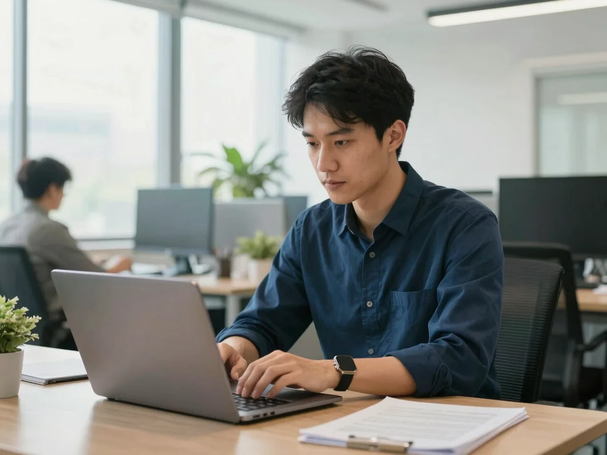 Young professional candidate working diligently in a modern, brig