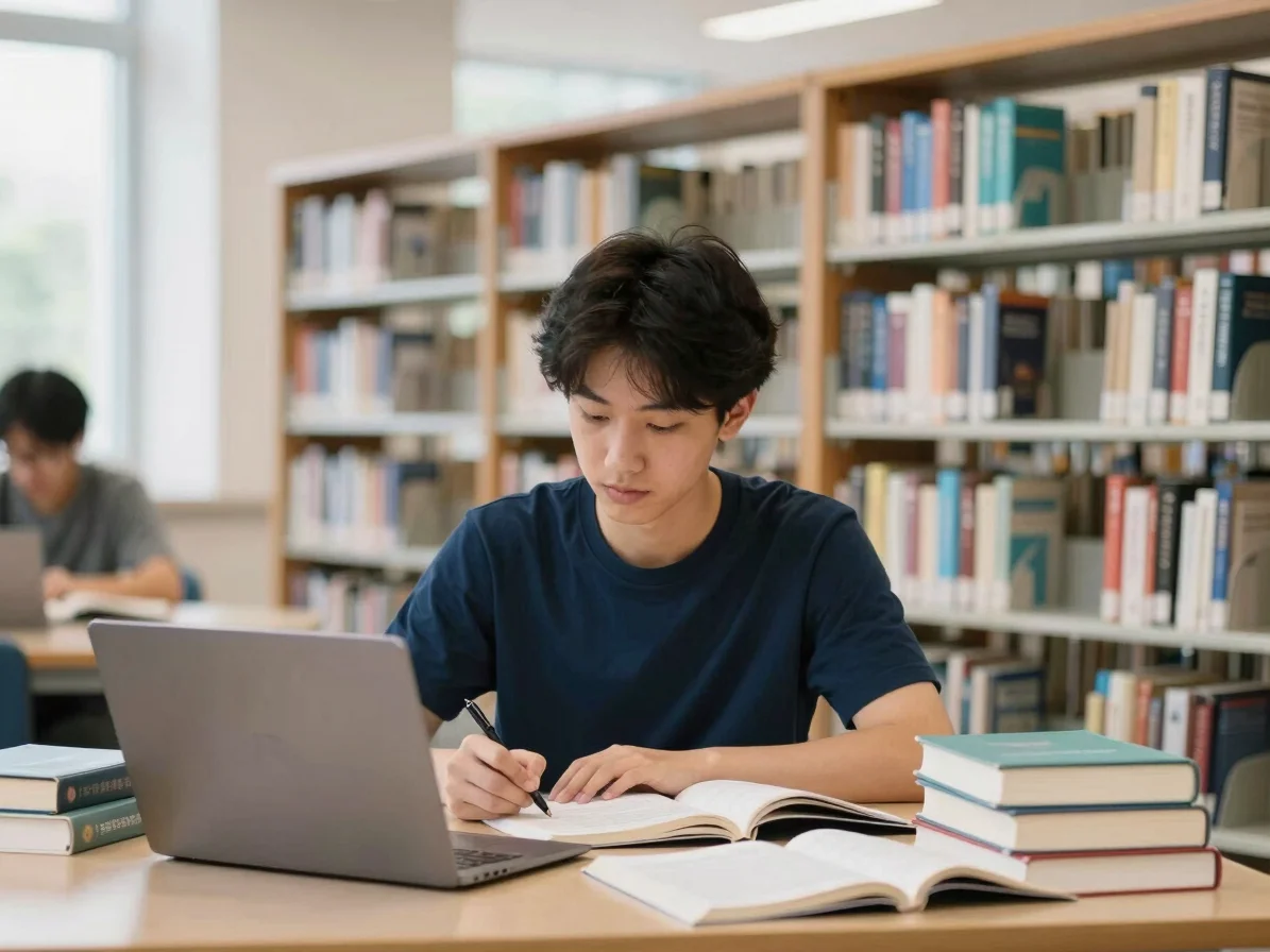 Student candidate engrossed in study at a university library, sur