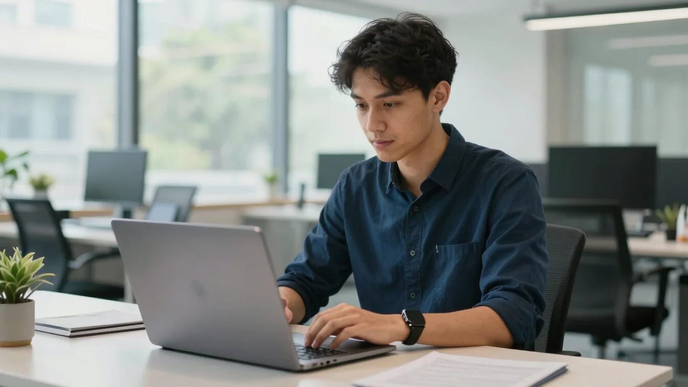 Young candidate in a modern, well-lit office environment, focused