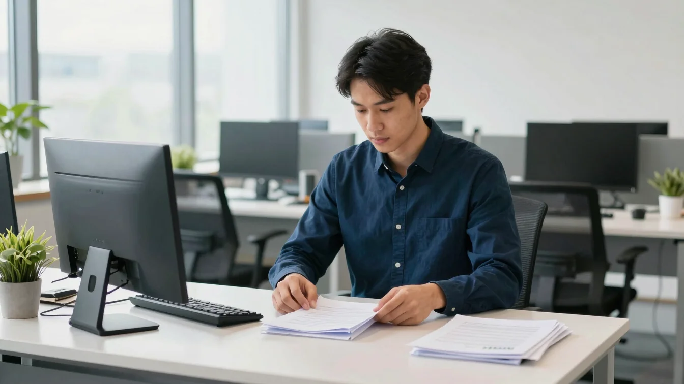 Young professional in a contemporary workspace, organizing docume