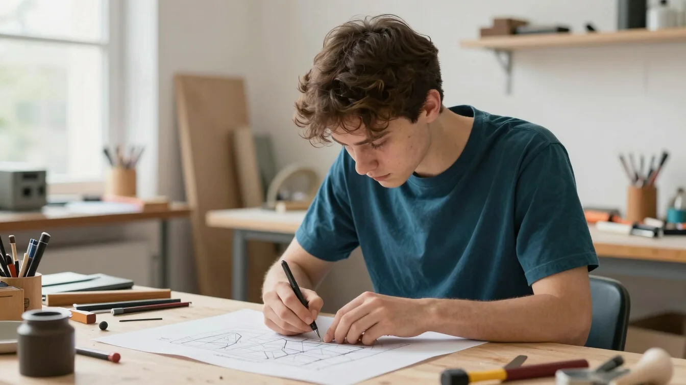 Young apprentice in a realistic studio workshop setting, working