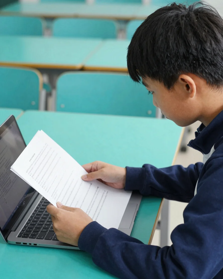 Young student reviewing application documents on a laptop, natural daylight, crisp navy and teal palette, sharp focus, 3