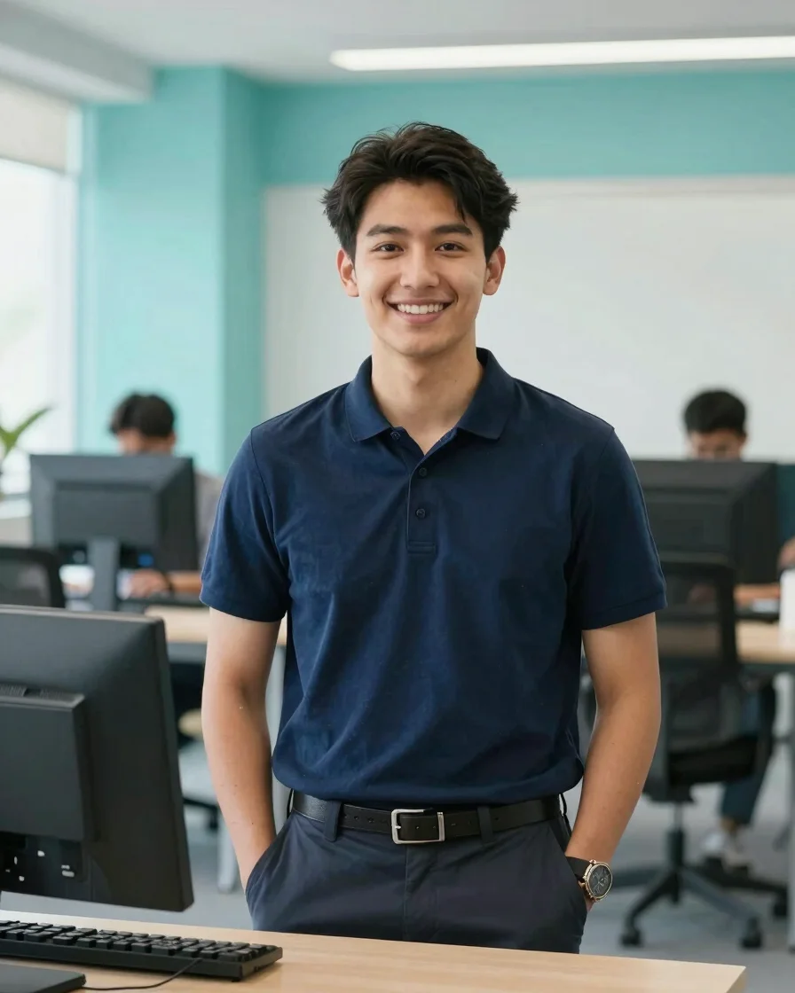 Young candidate in a modern workspace, natural daylight, crisp navy and teal palette, sharp focus, 35mm lens style