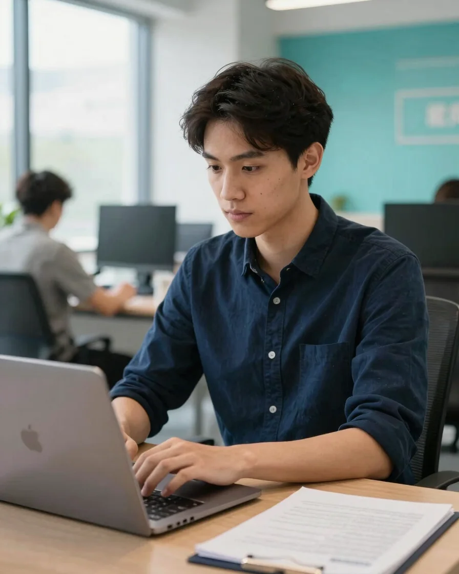 Young candidate in a modern workspace, laptop open, natural dayli